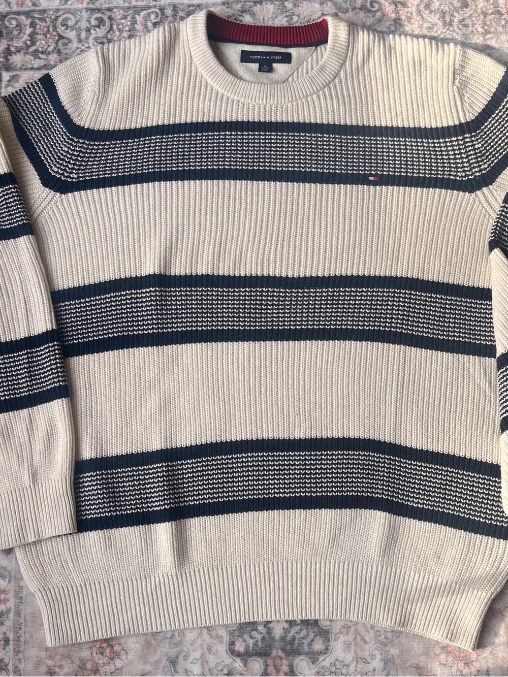 Tommy Hilfiger Men’s Cream & Navy Striped Crewneck Sweater